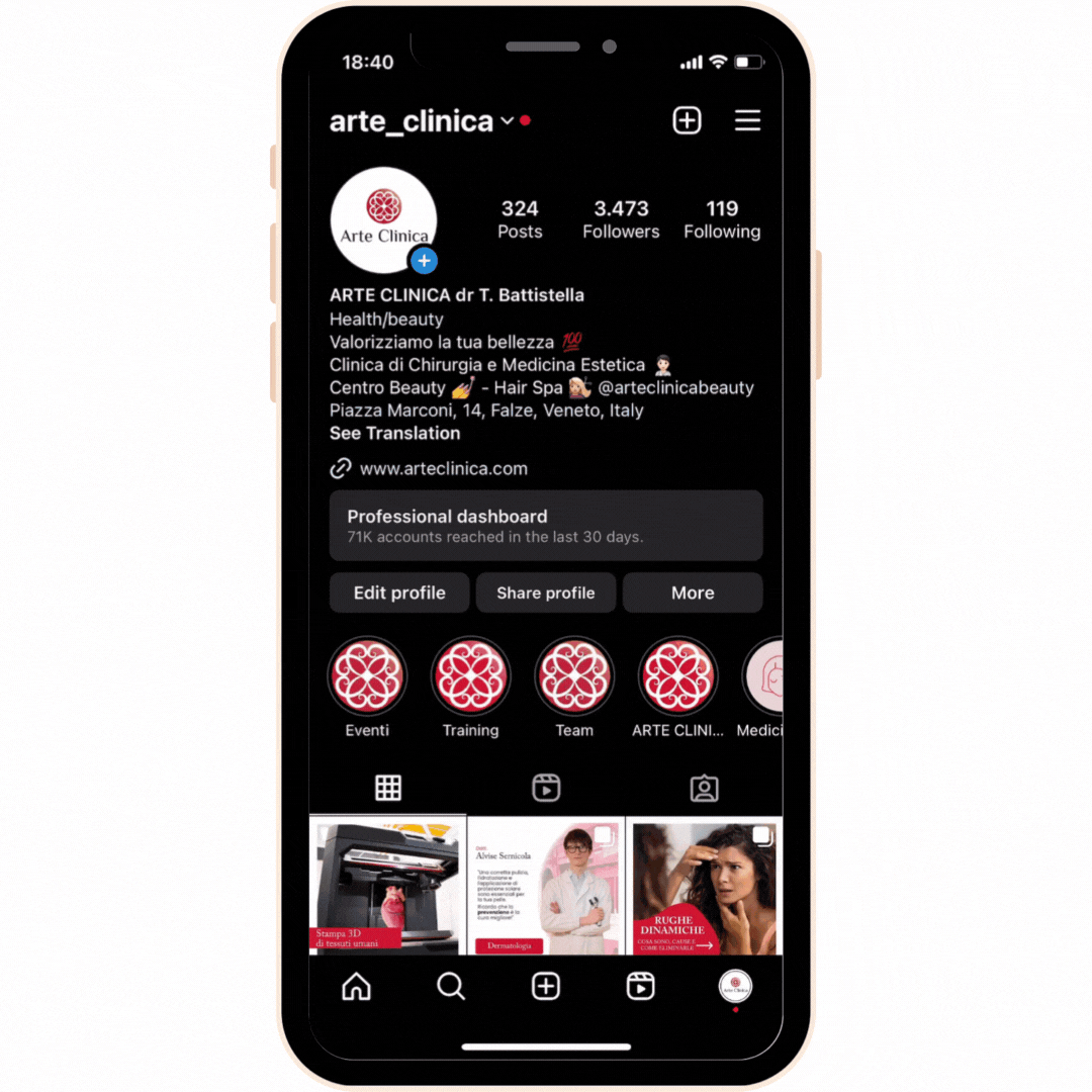 Arte Clinica Instagram project on mobile phone